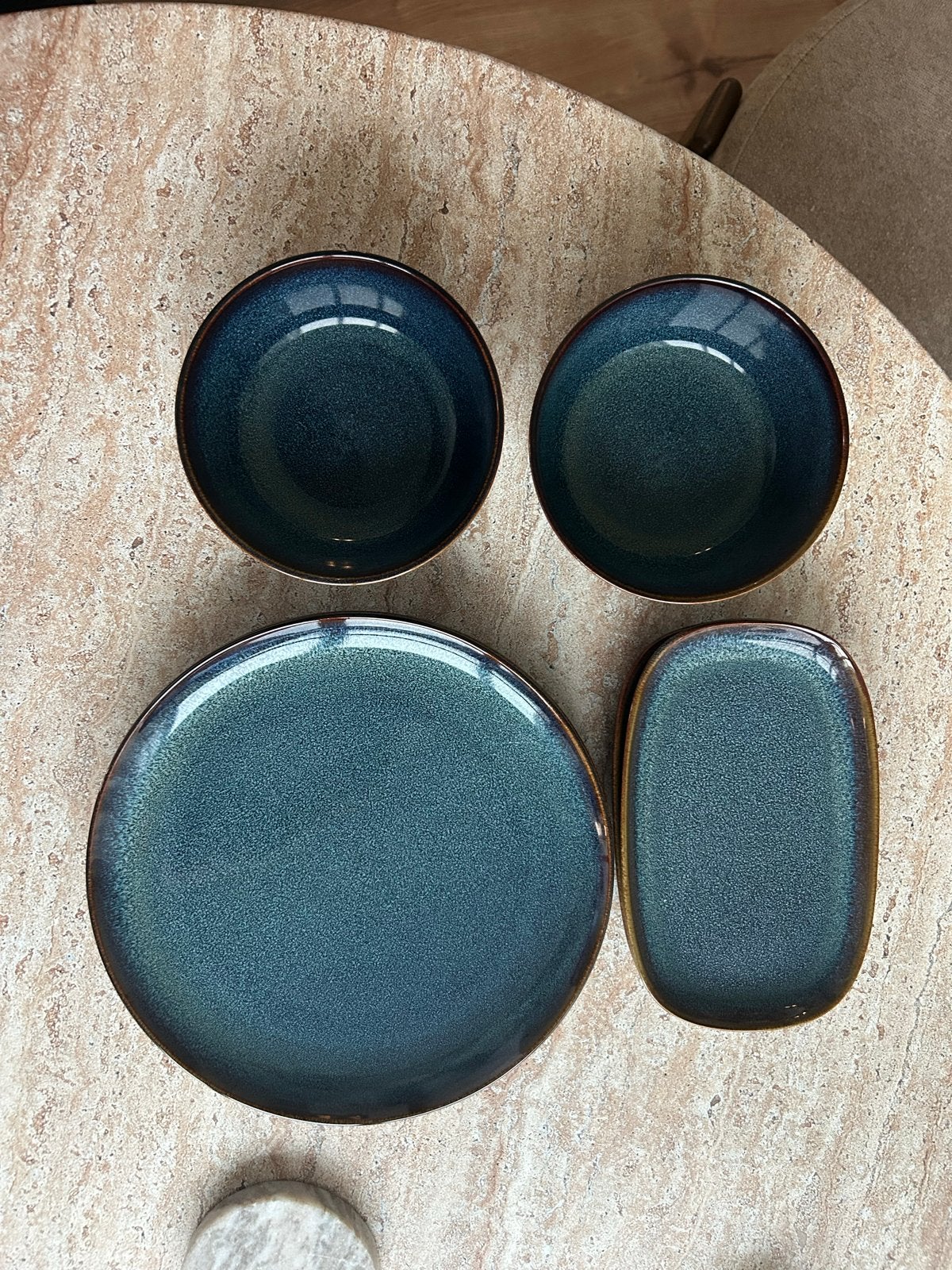 Servies set in blauw/groen, 12-delig, Ophalen, Keramiek, Zo goed als nieuw, Modern