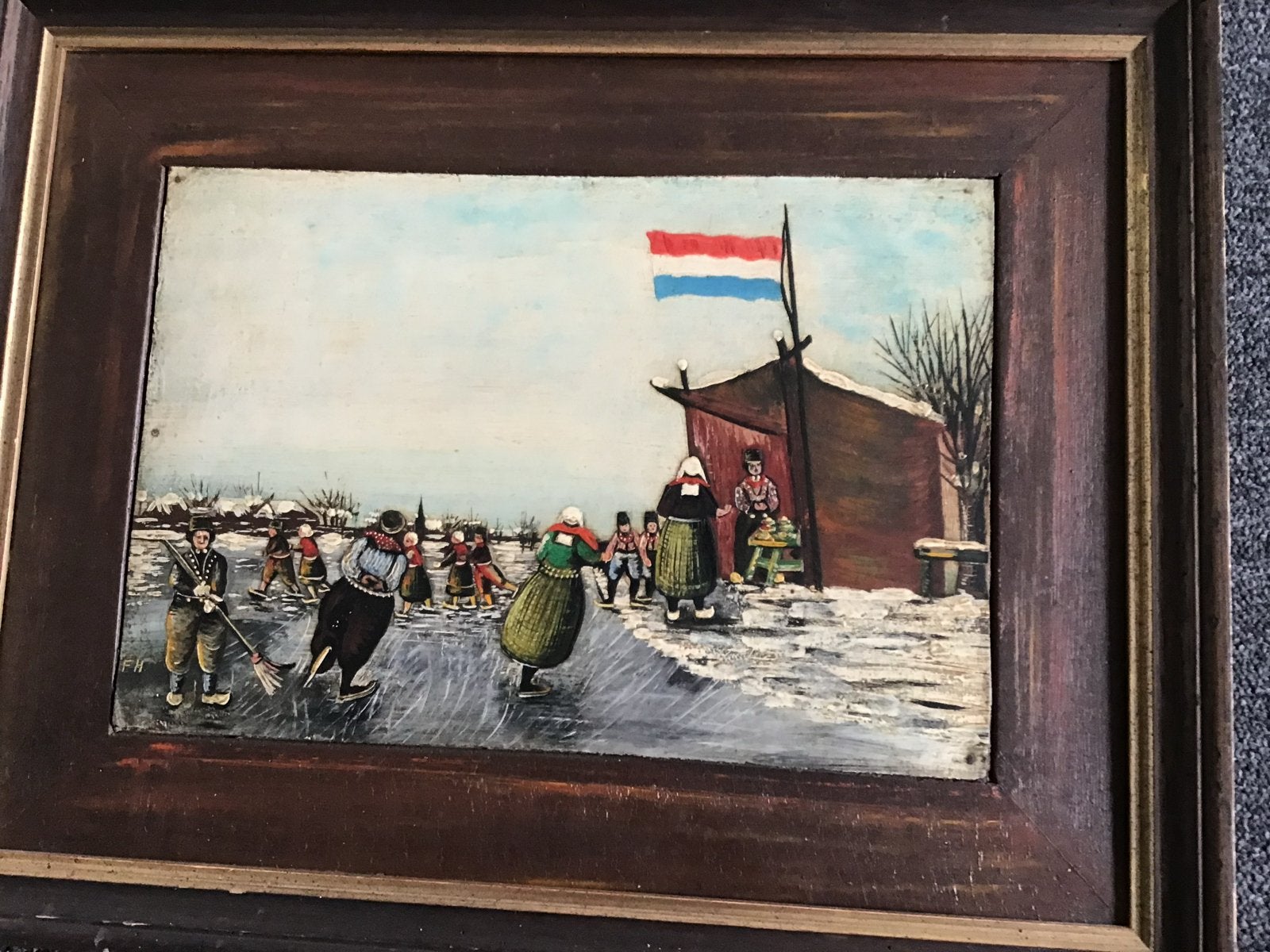 Oud Hollands schilderij: Schaatsers op het ijs, Antiek en Kunst, Paneel, Oud hollands, Ophalen of Verzenden, Gesigneerd
