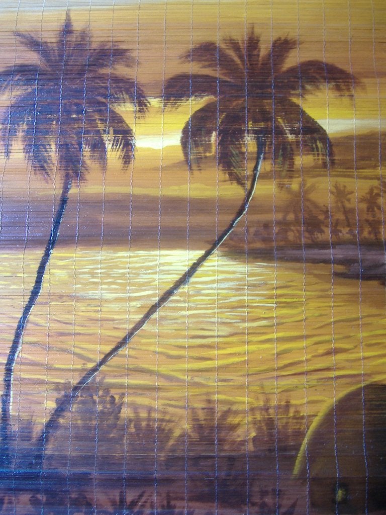 Afrikaans rijststro schilderij (hut palmboom zon) jaren '70, Antiek en Kunst, Wanddecoratie, Afrika, Ophalen of Verzenden, Handgemaakt