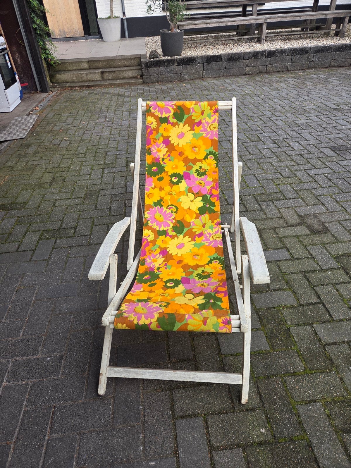 Vintage Ligstoel met Bloemenprint - Inklapbaar, Tuin en Terras, Ophalen, Gebruikt, Hout, Inklapbaar