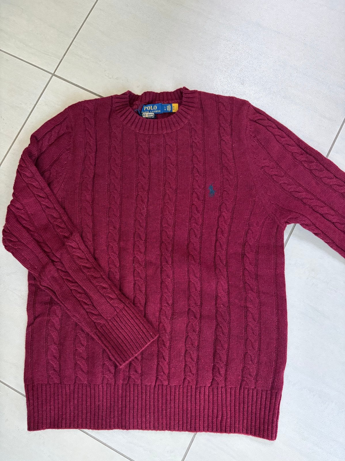 Polo Ralph Lauren kabelgebreide trui - Bordeauxrood, Kleding | Heren, Ophalen of Verzenden, Zo goed als nieuw, Maat 52/54 (L)