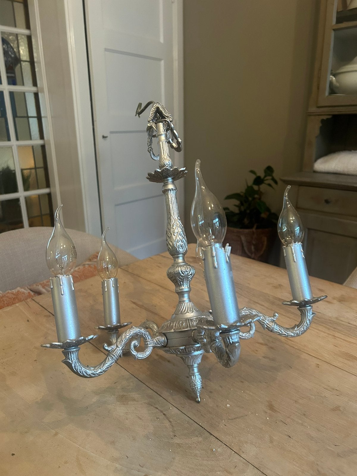 Brocante zilverkleurige 5 armige kroonluchter, Ophalen, Gebruikt, Metaal