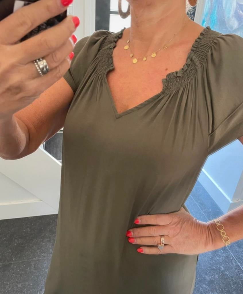 Co’couture, prachtig model, olijf-kleurig jurkje, S/M, Kleding | Dames, Nieuw, Ophalen of Verzenden, Maat 36 (S), Onder de knie