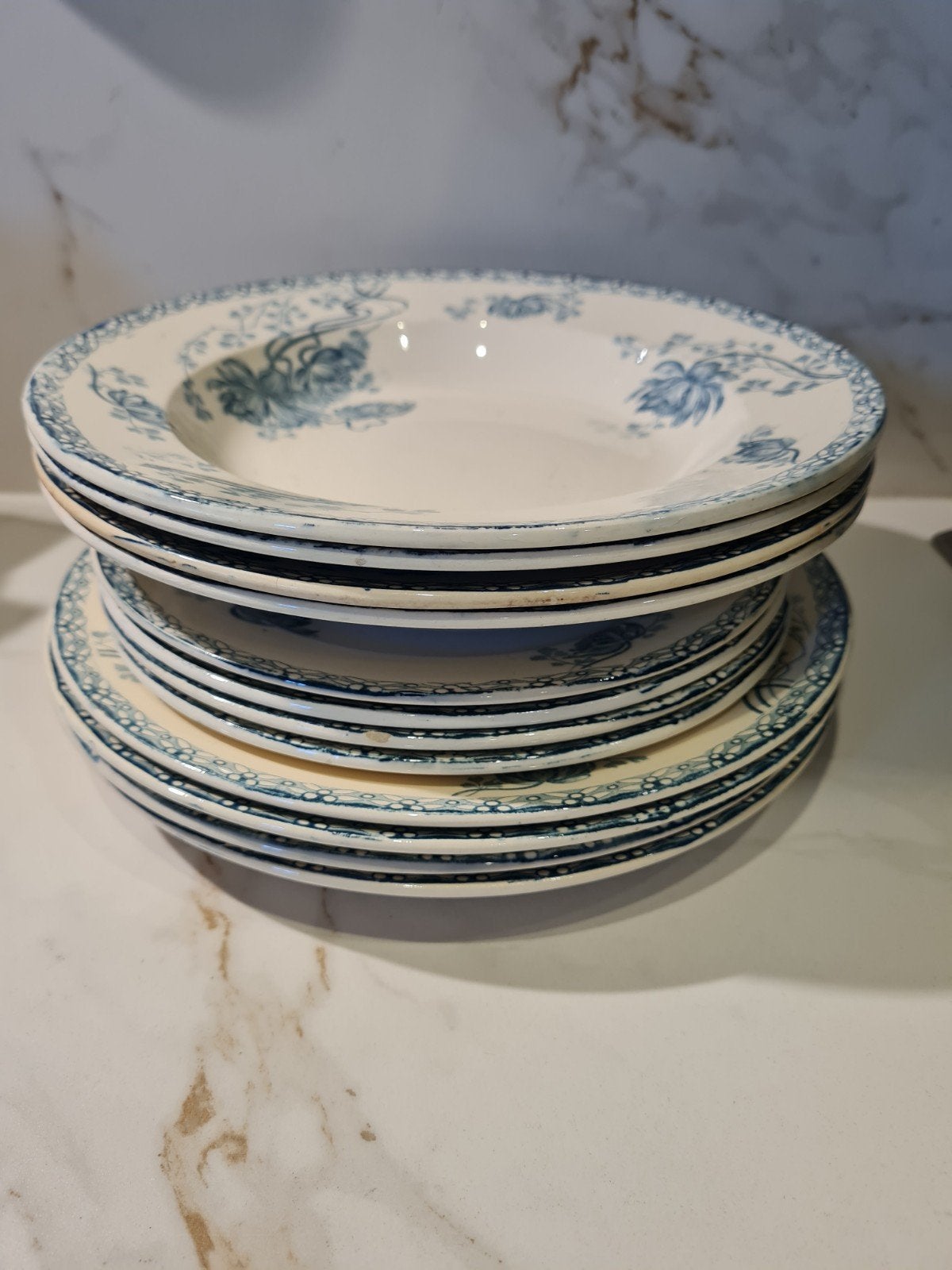 4 Antiek Sarreguemines Royat Dinerborden - Blauw Bloemmotief, Ophalen of Verzenden