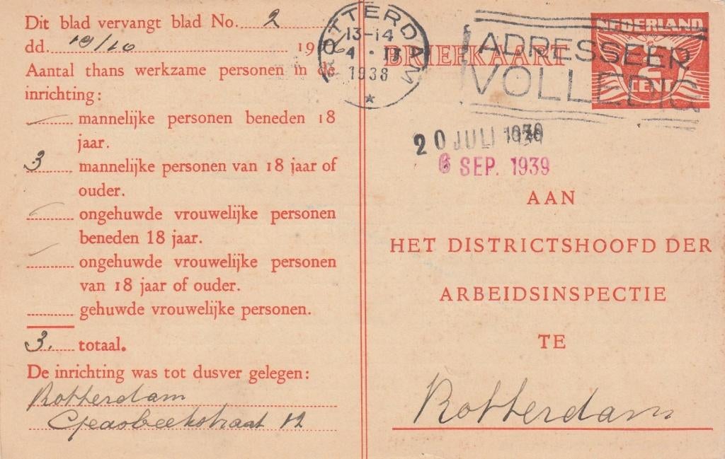 Arbeidslijst Geuzendam 17 kaart locaal gebruikt R'dam 1938, Postzegels en Munten, Ophalen of Verzenden, Briefkaart