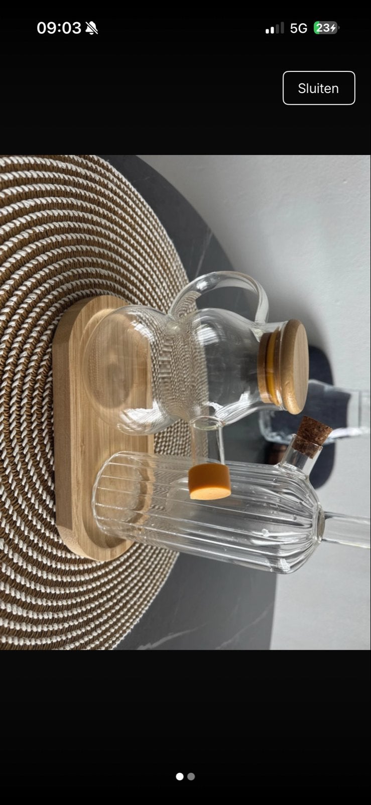 Olie en azijn set met houten dienblad, Huis en Inrichting, Overige typen, Ophalen of Verzenden, Zo goed als nieuw, Glas