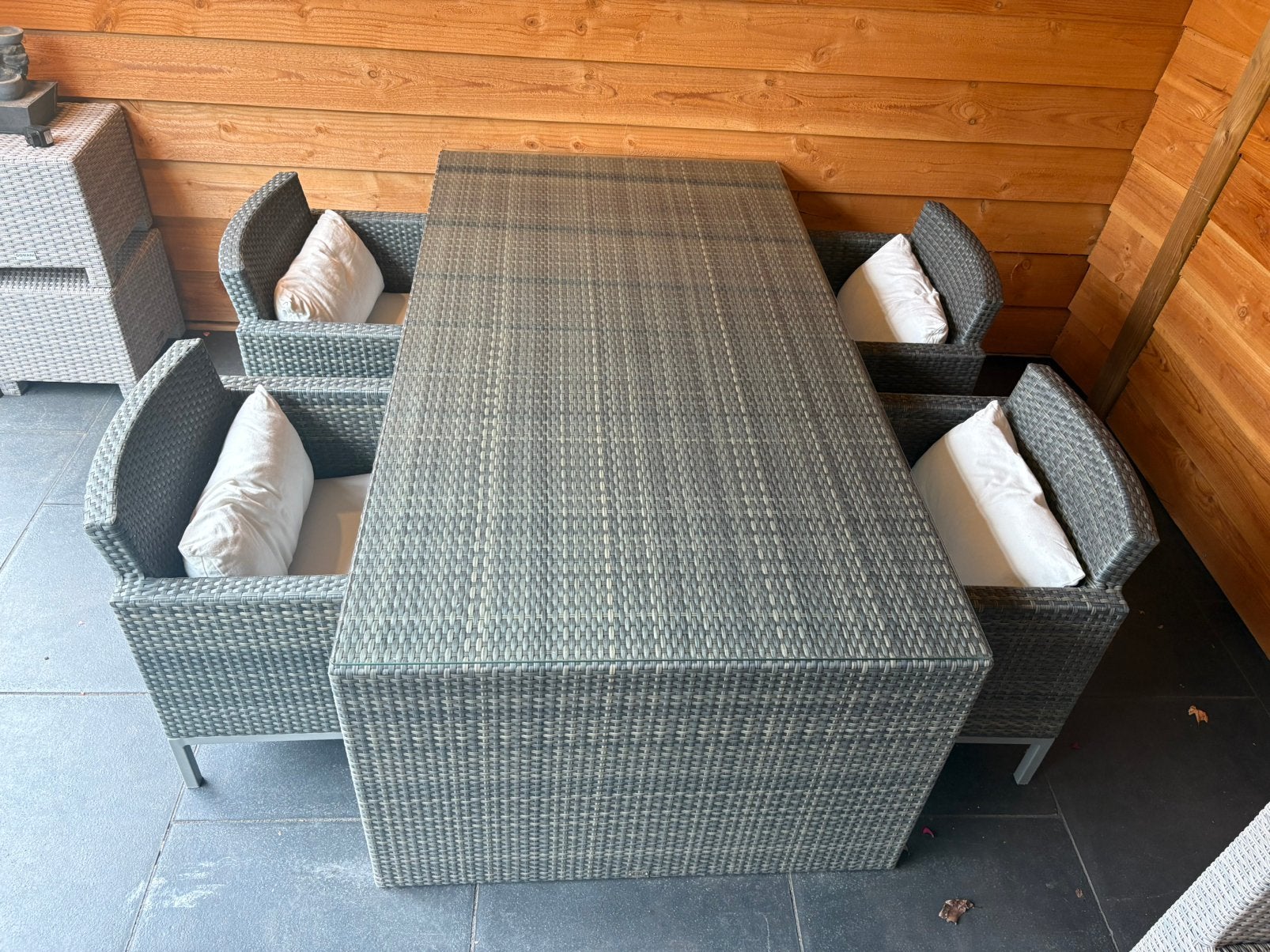 Apple Bee tuinset wicker 190x100 cm–glasplaat+4 kussens, Ophalen, Zo goed als nieuw, Wicker