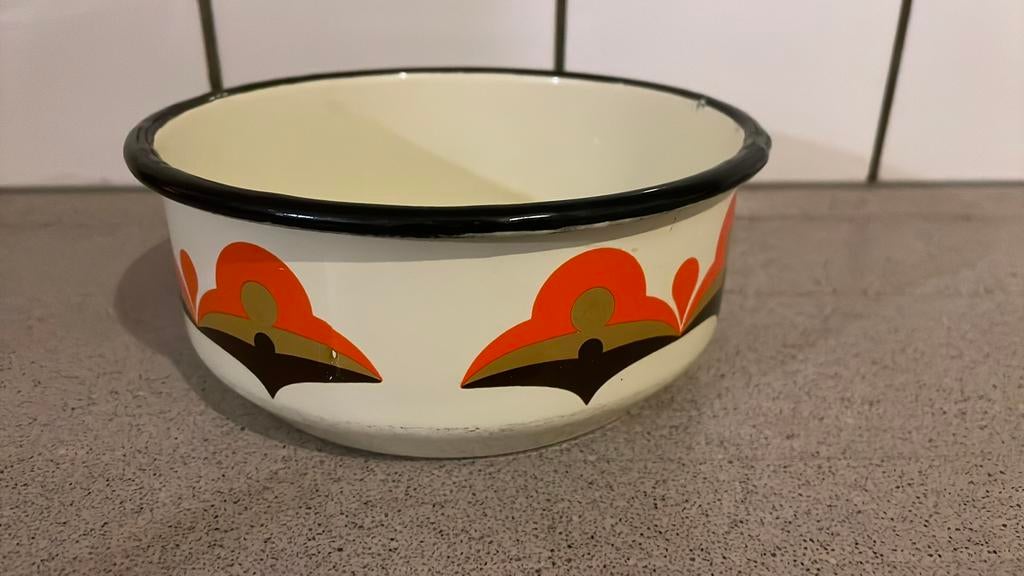 Superleuke emaille retro schaal oranje bruin goud, Ophalen of Verzenden, Huis en Inrichting