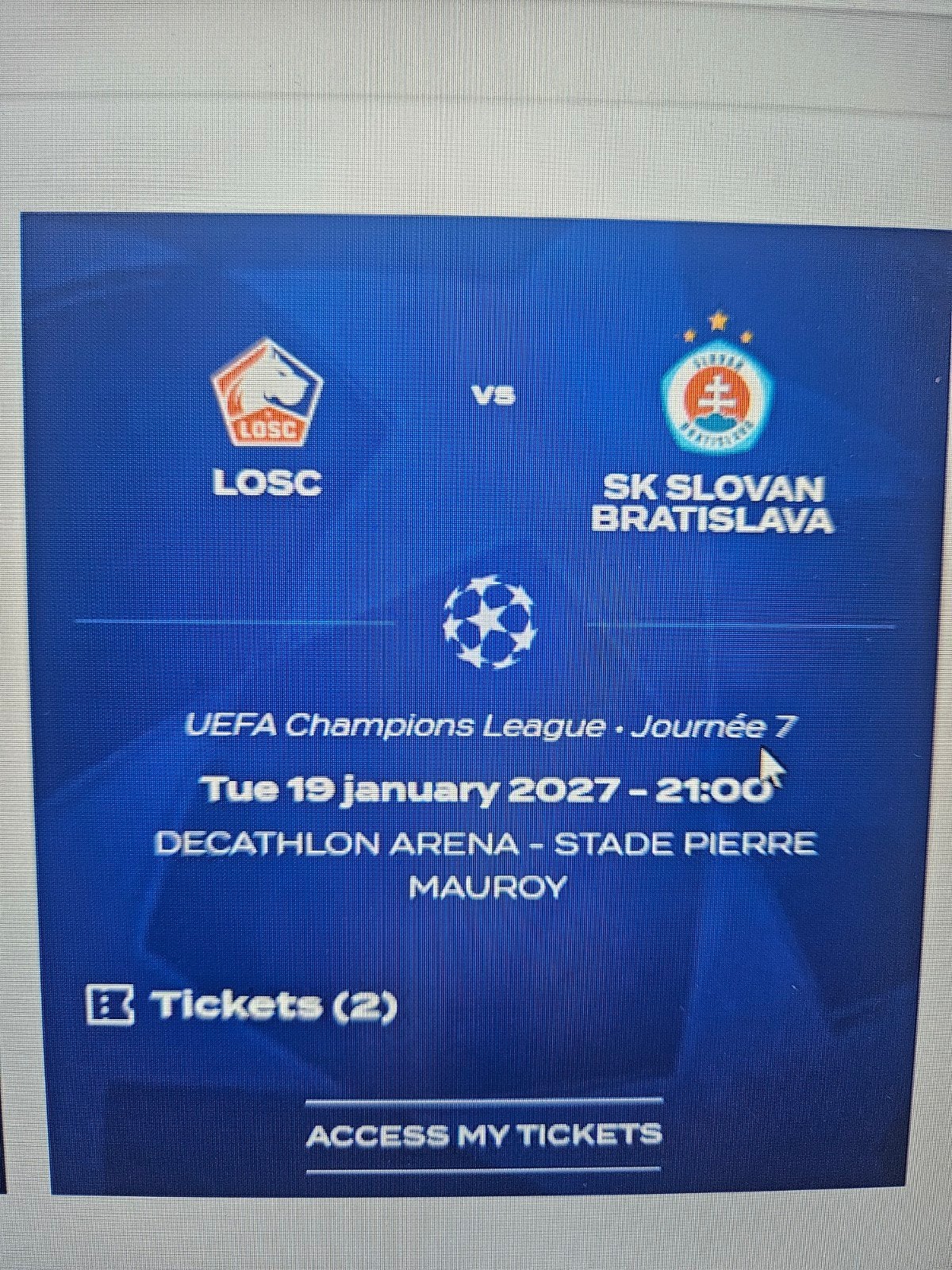 CL Lille vs SK Slovan Bratislava 19 januari 2027, Tickets en Kaartjes, Losse kaart, Twee personen, Januari, Europa of Champions League