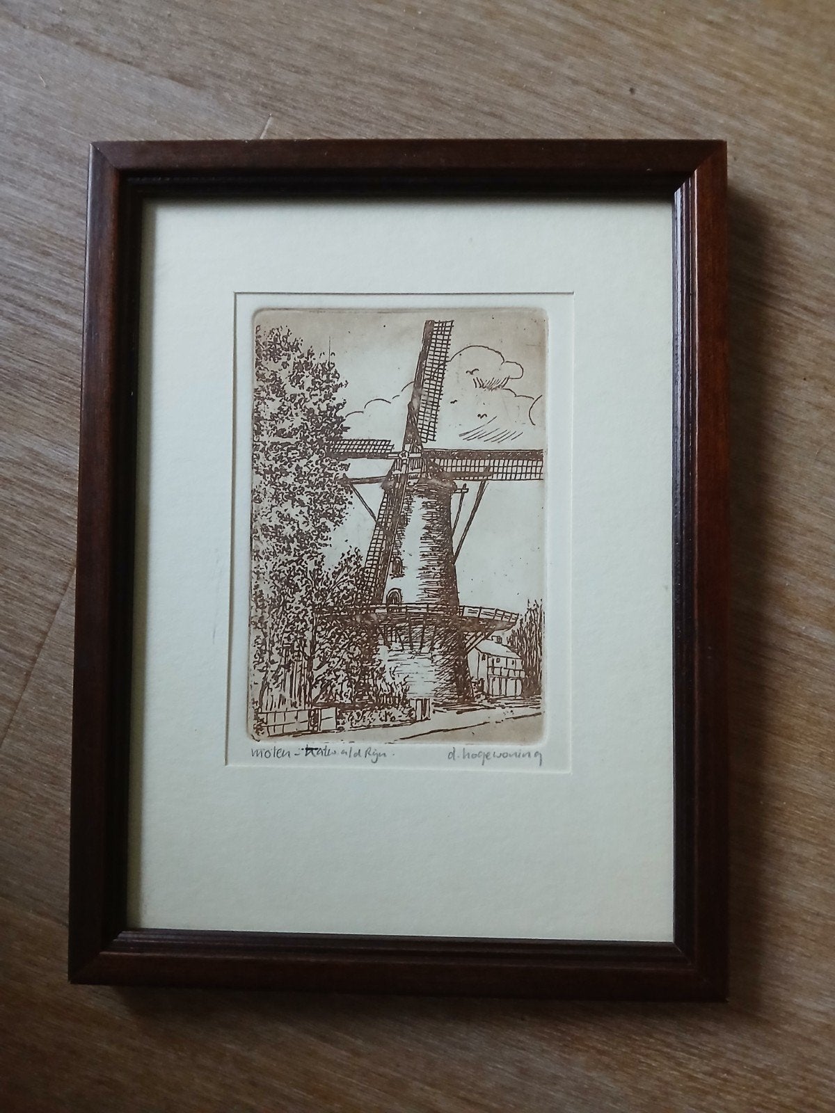 Ets molen Katwijk aan den Rijn, gesigneerd D. Hoogewoning, Antiek en Kunst, Ingelijst, Ets, Ophalen of Verzenden, Landschap