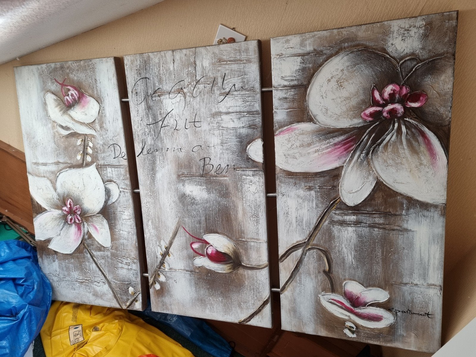 3-luik schilderij met bloemen en tekst, Ophalen