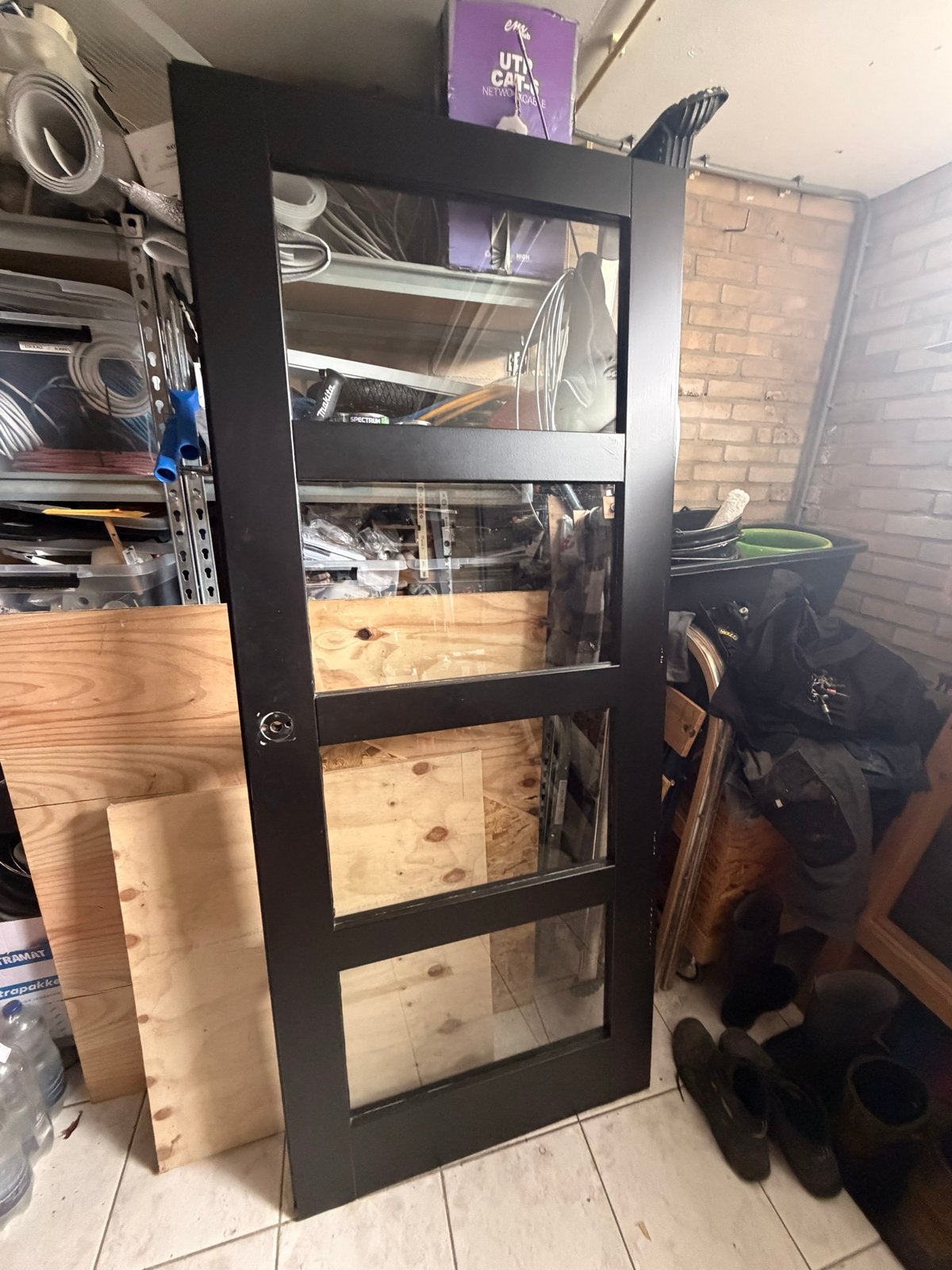 Zwarte opdekdeur 4 vlaks met glas, 83x201,5 (linksdraaiend), Ophalen, Gebruikt, 80 tot 100 cm, Binnendeur