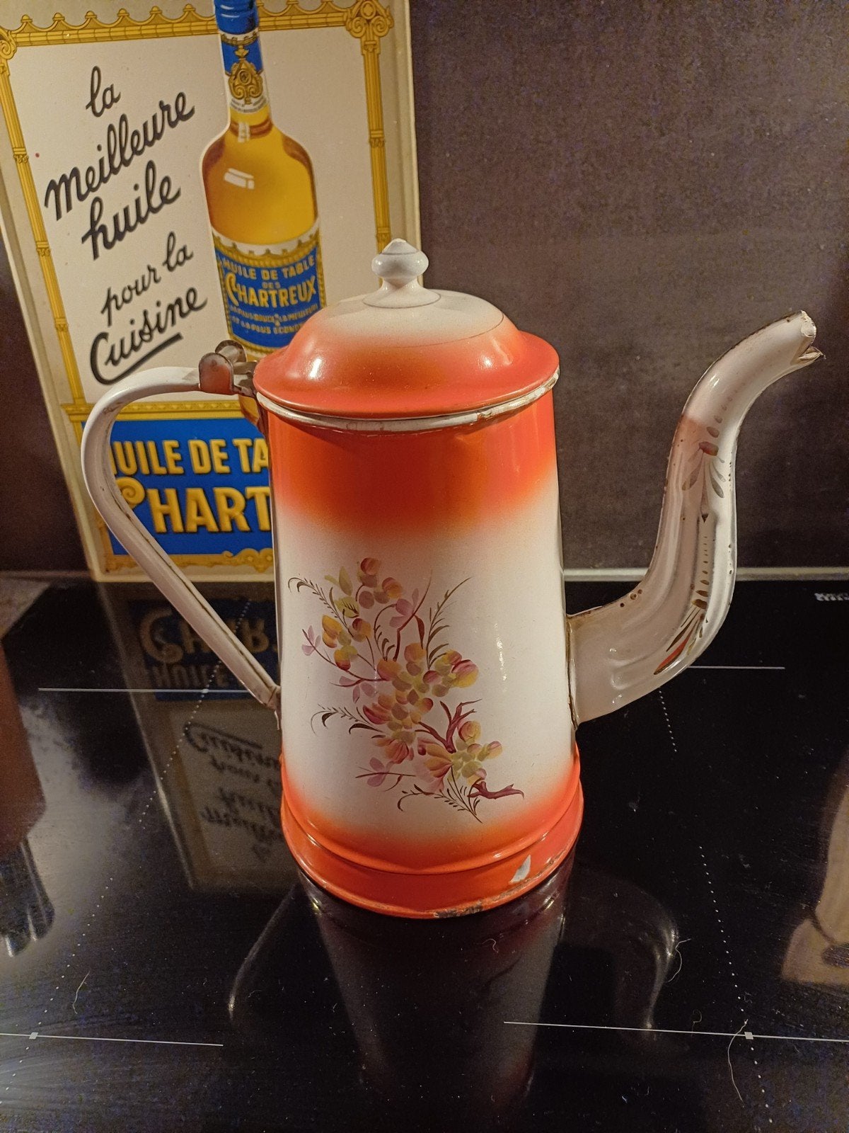 Grote antieke Franse emaille Koffiepot oranje wit en bloemen, Verzenden