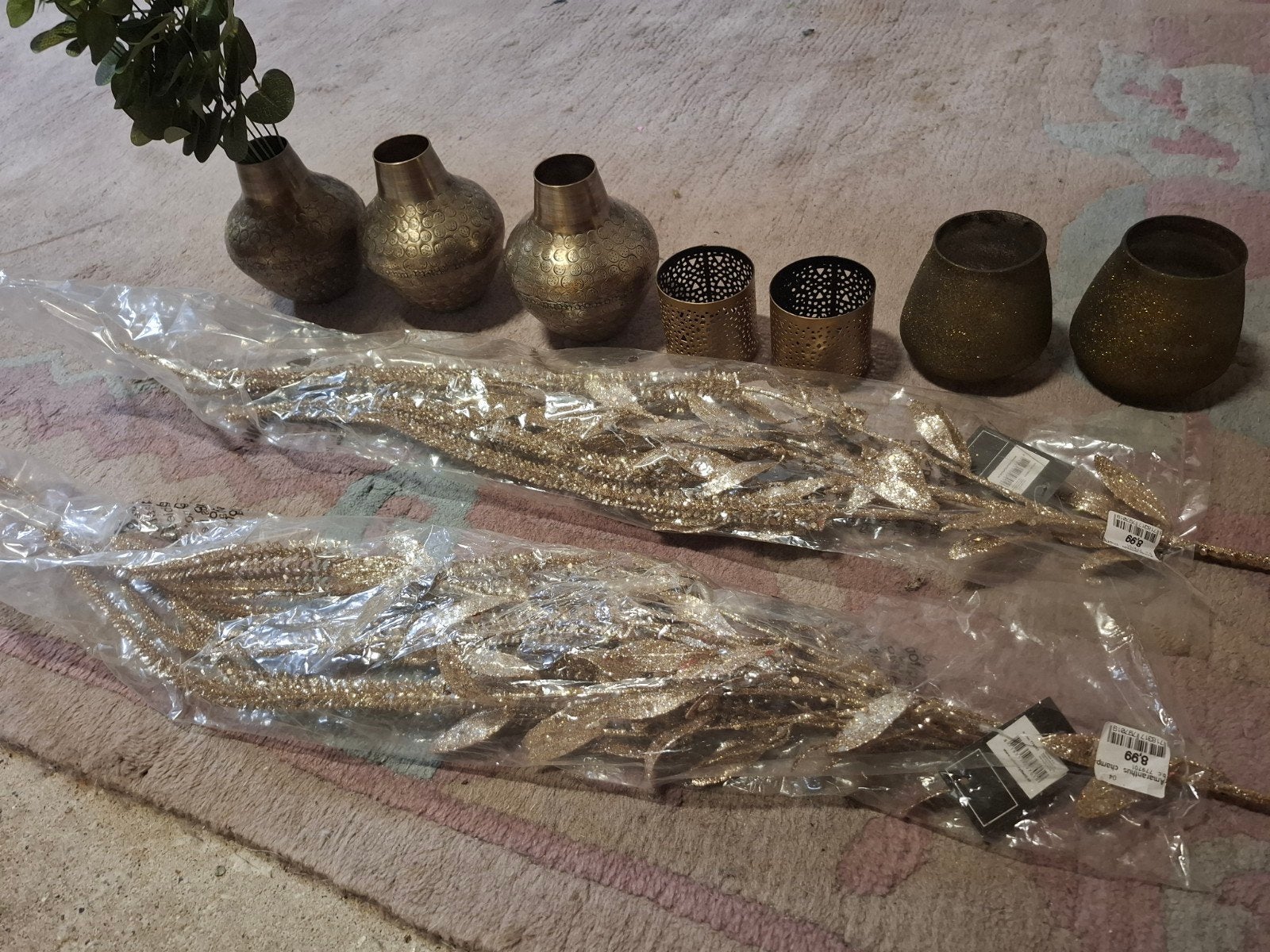 Decoratie set: vazen, theelichthouders en gouden takken, Huis en Inrichting, Nieuw, Ophalen of Verzenden, Goud, Metaal