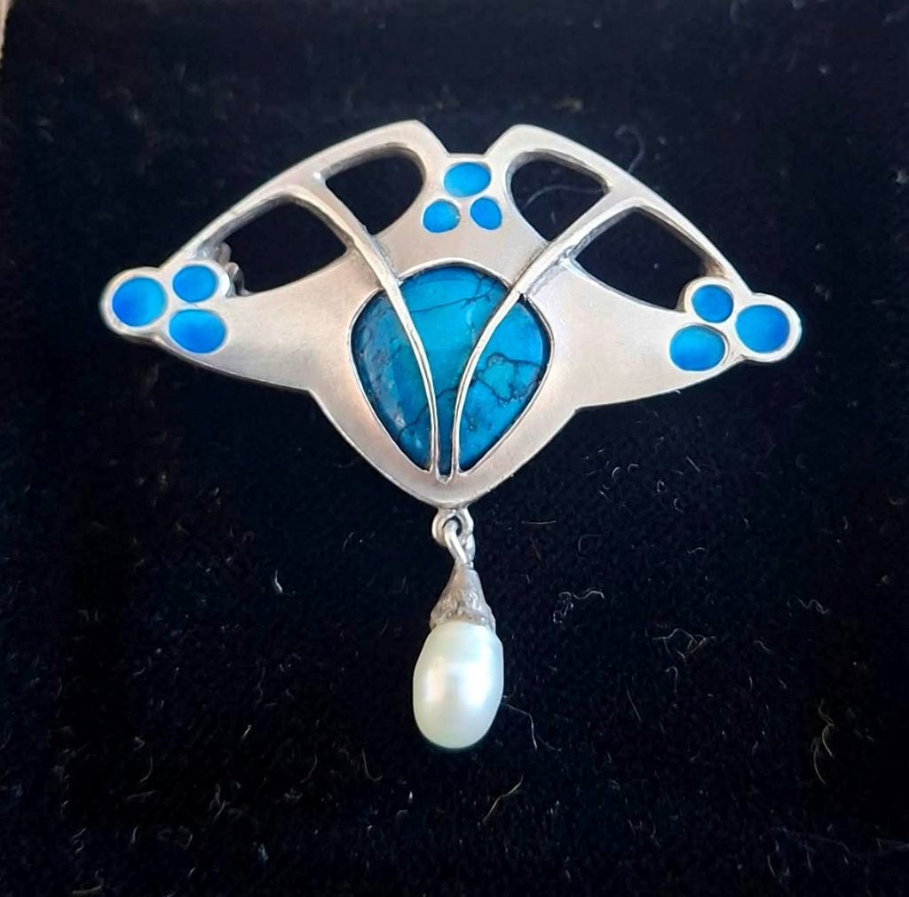 Art Nouveau Zilver Emaille Parel Broche M. Scheidel Ca.1900, Ophalen of Verzenden, Zilver, Broche, Met edelsteen