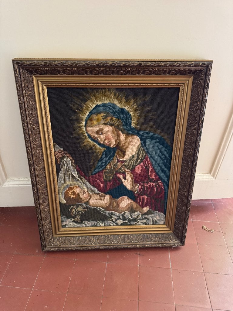 Vintage geborduurd schilderij Maria Jezus - prachtige lijst, Ophalen of Verzenden