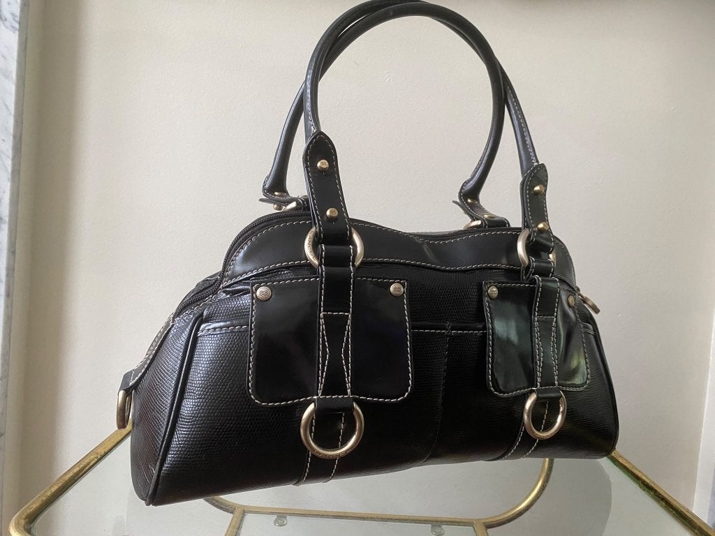 Vintage Lancel Paris Leather Handbag - Black & Gold Accent, Sieraden, Tassen en Uiterlijk, Ophalen of Verzenden, Gebruikt, Zwart