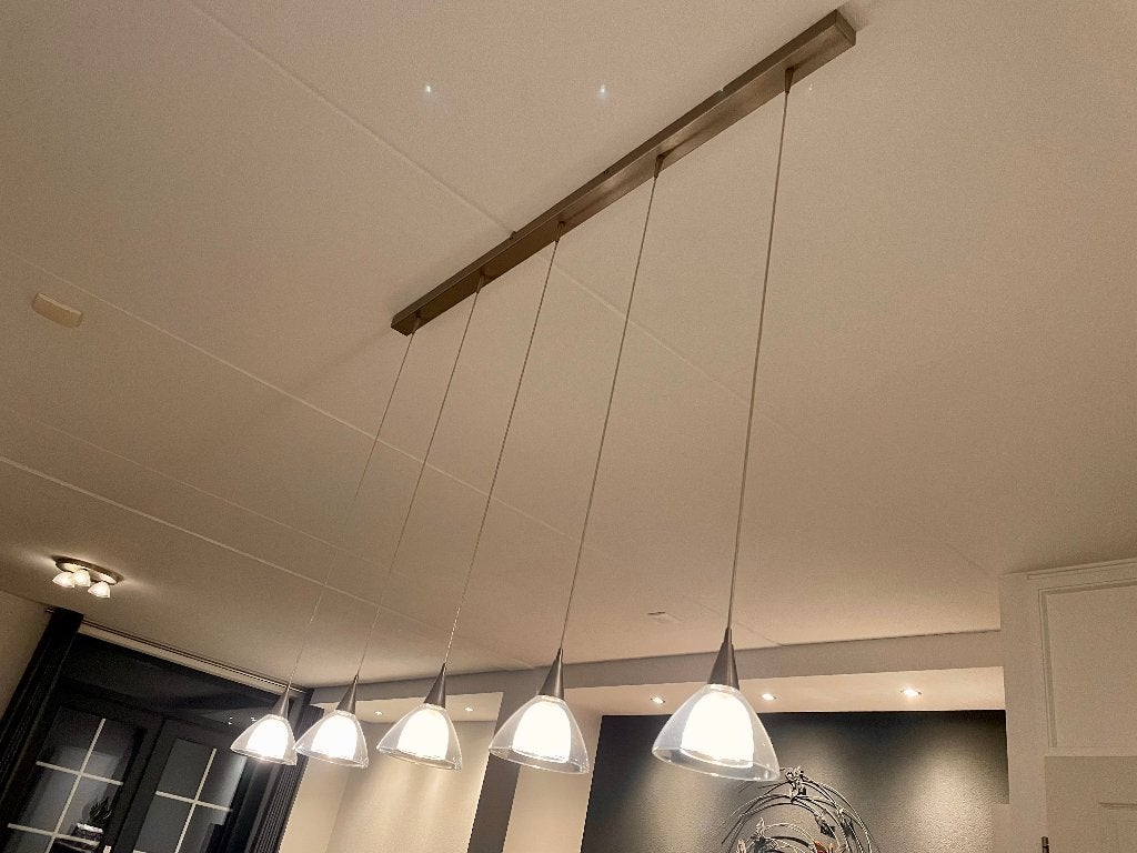 RVS eettafel-/hanglamp; Masterlight Caterina, Ophalen, Zo goed als nieuw, Glas, G4