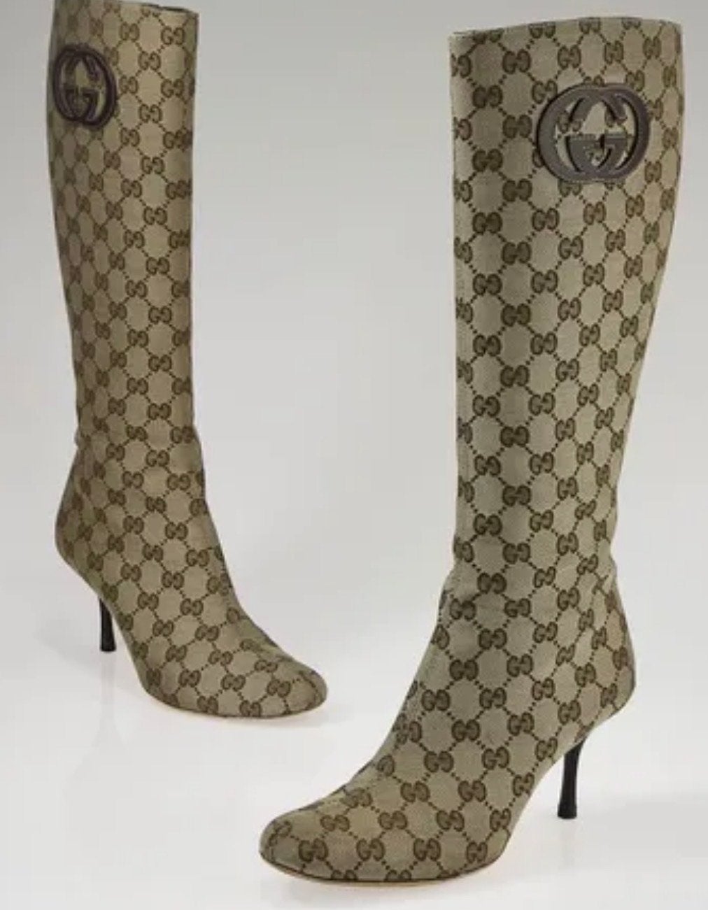 GUCCI Beige GG Canvas Monogram Hoge Laarzen 37.5, Hoge laarzen, Beige, Ophalen of Verzenden, Gedragen