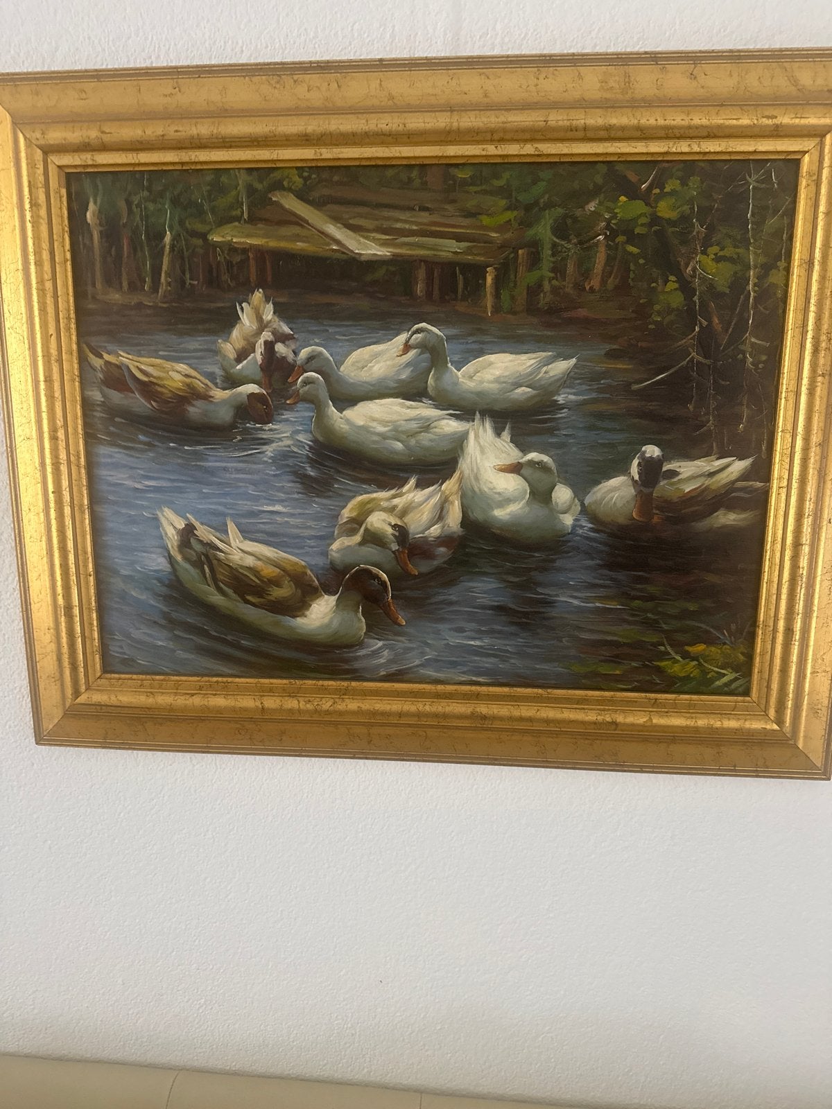 Schilderij met eenden in het water, olieverf op doek, Doek, Realistisch, Dieren, Ophalen of Verzenden