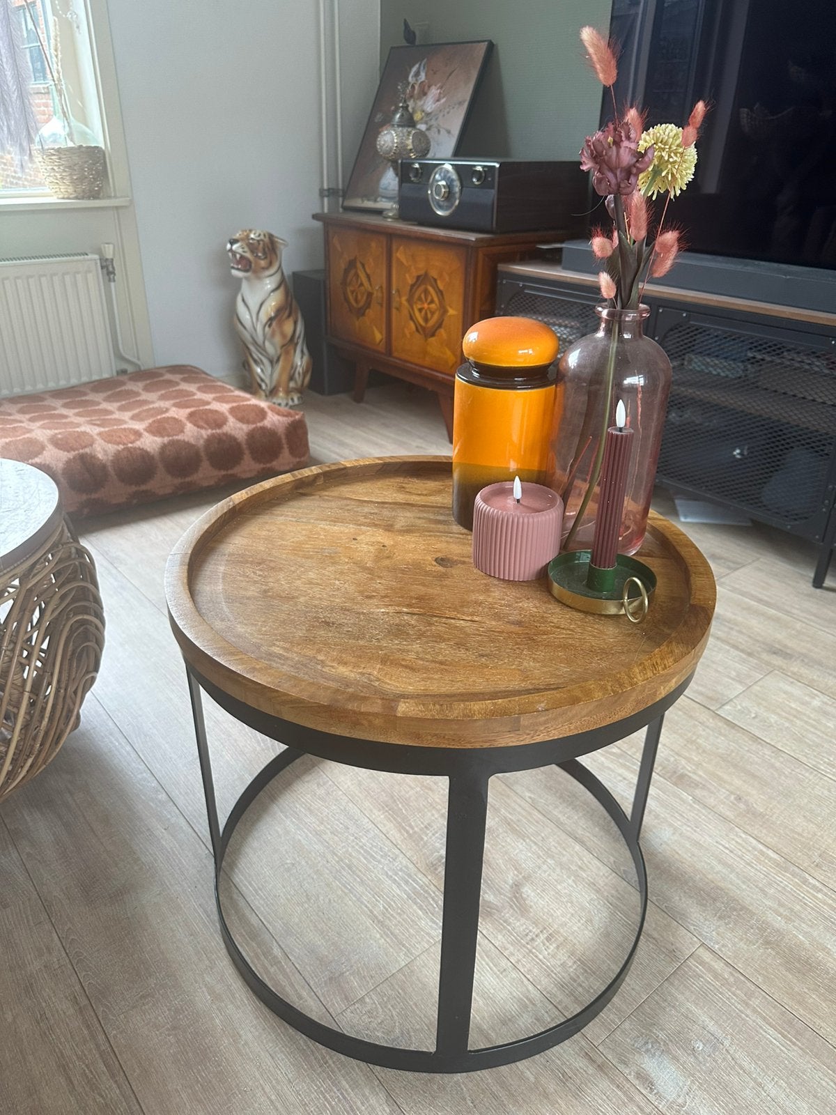 Mangohout industrieel salontafel, Ophalen, Gebruikt, Rond, Minder dan 50 cm