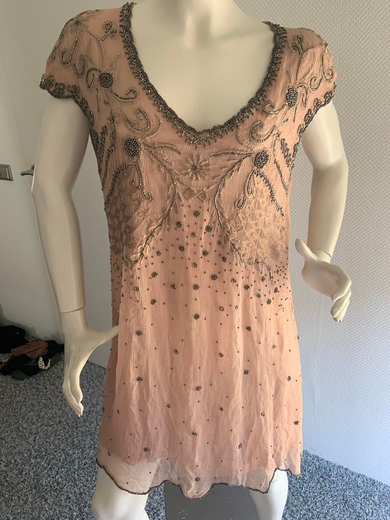 Twinset jurkje met kralen. L, ., Beige, Maat 42/44 (L), Ophalen of Verzenden