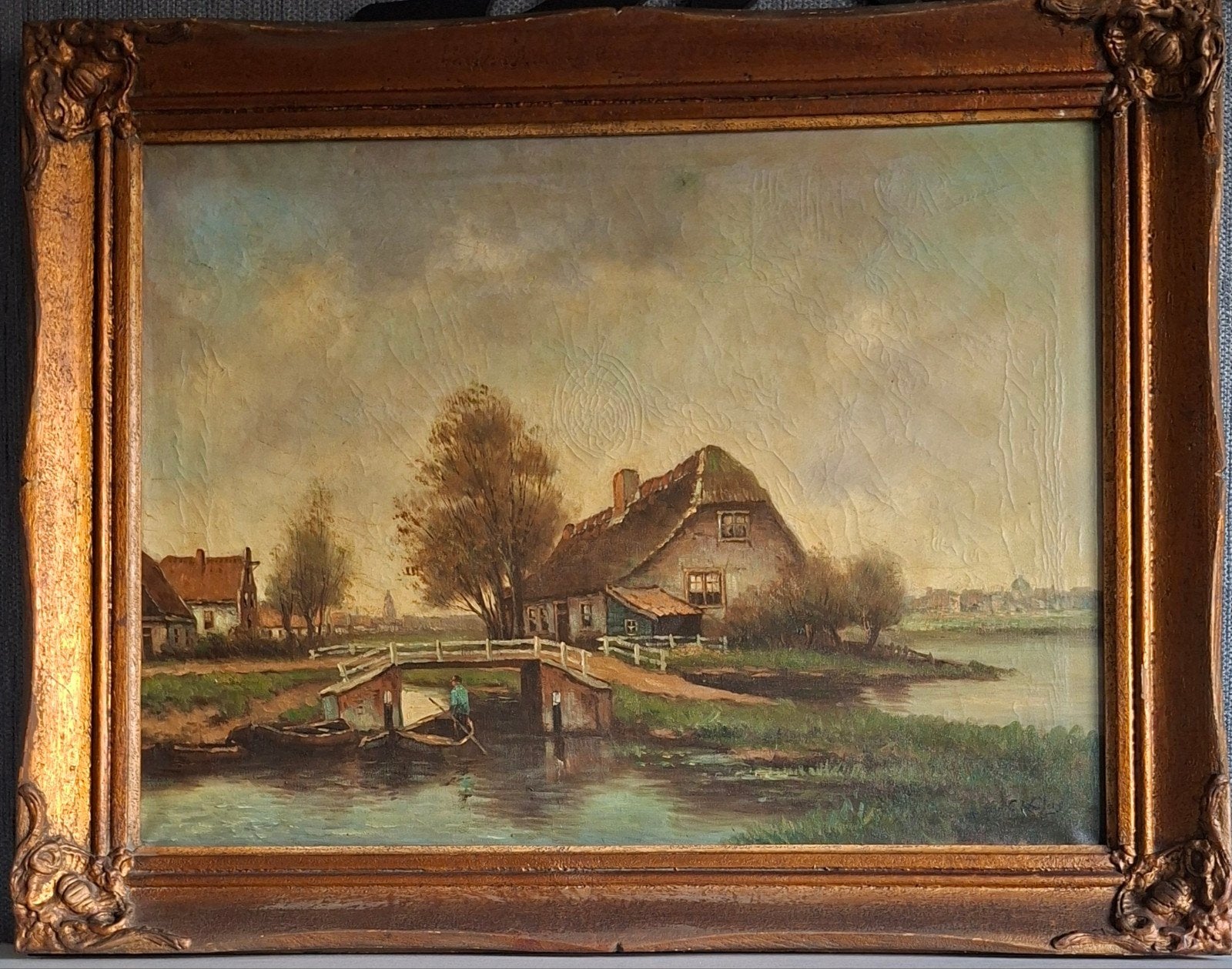 prachtig groot antiek schilderij met mooie houten lijst, Antiek en Kunst, Ophalen