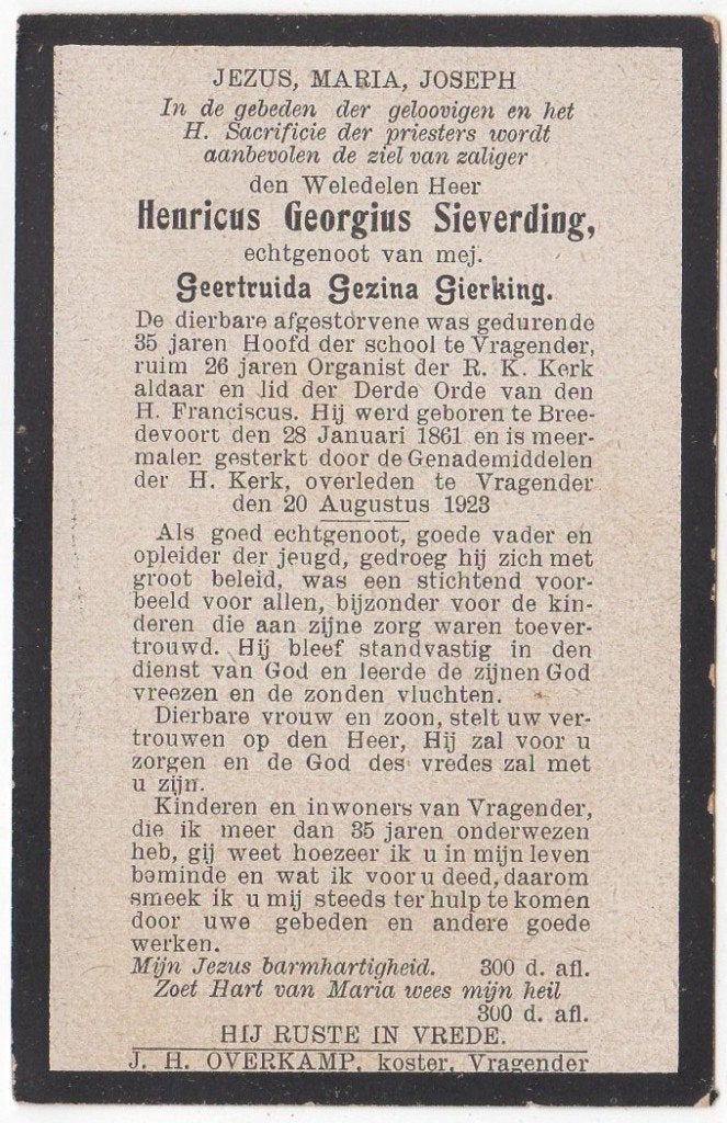 Henricus G. Sieverding 1861 Breedevoort + 1923 Vragender, Verzamelen, Bidprentjes en Rouwkaarten, Verzenden