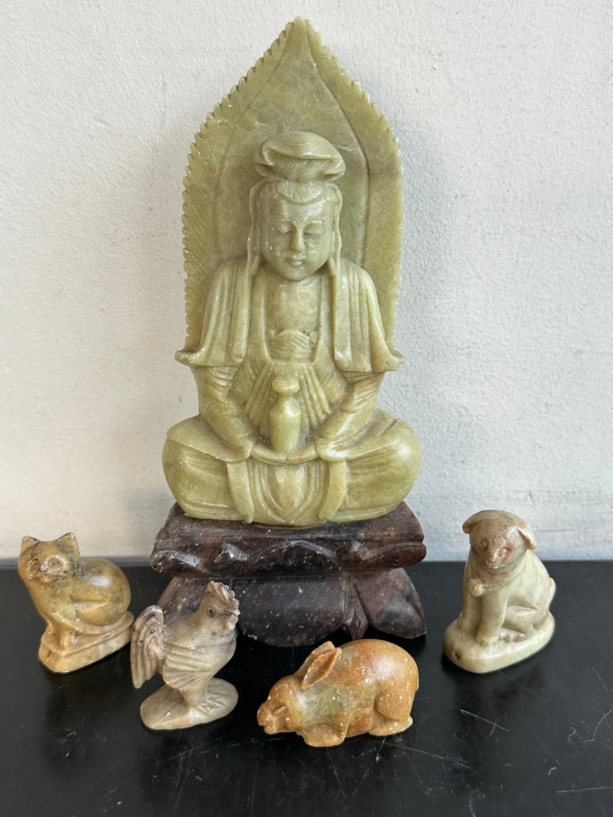 Oud Chinees speksteen Boeddha beeld + dieren 3/18 cm, Antiek en Kunst, Ophalen of Verzenden