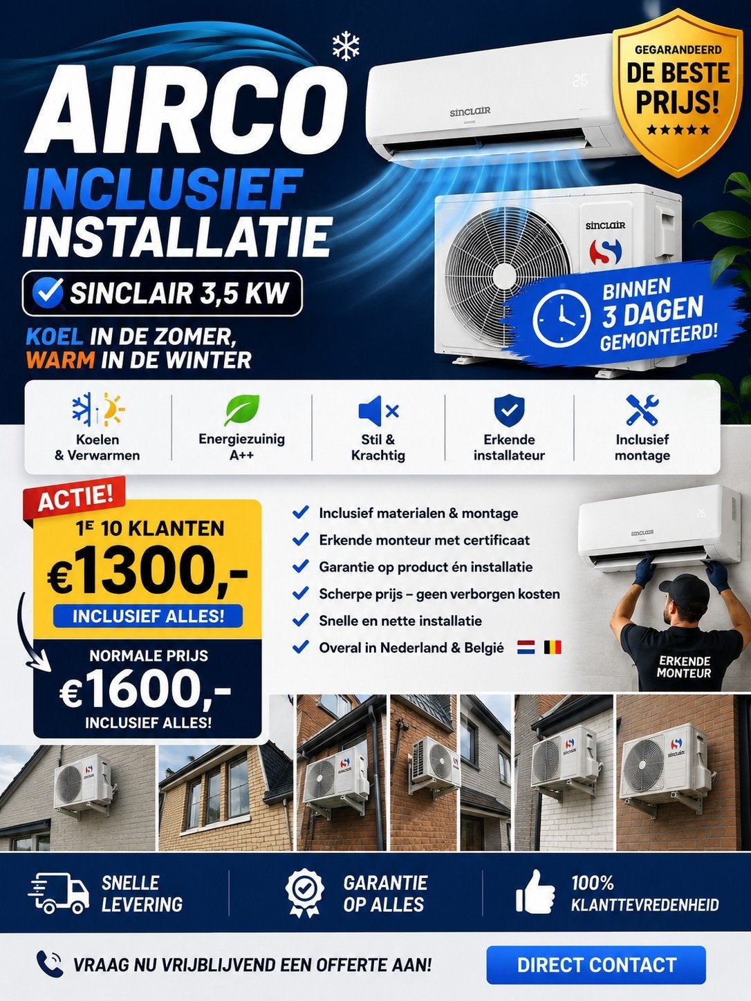 Sinclair Airco 3.5 kW Inclusief Installatie, Witgoed en Apparatuur, Verwarmen, Nieuw, 3 snelheden of meer, Ophalen of Verzenden
