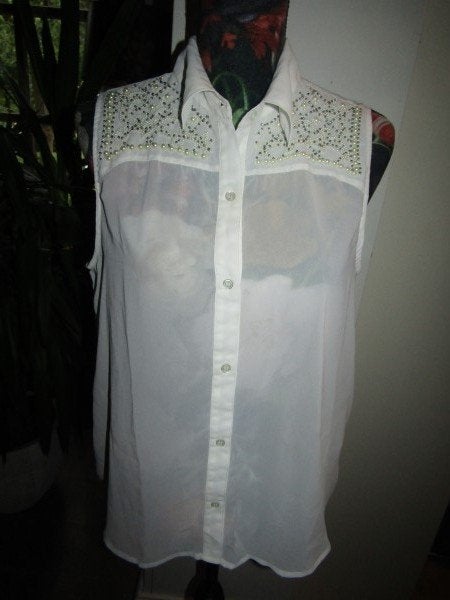 E1451 VILA mt S blouse wit chiffon parels kraaltjes, Kleding | Dames, Verzenden, Wit, Vila, Zo goed als nieuw