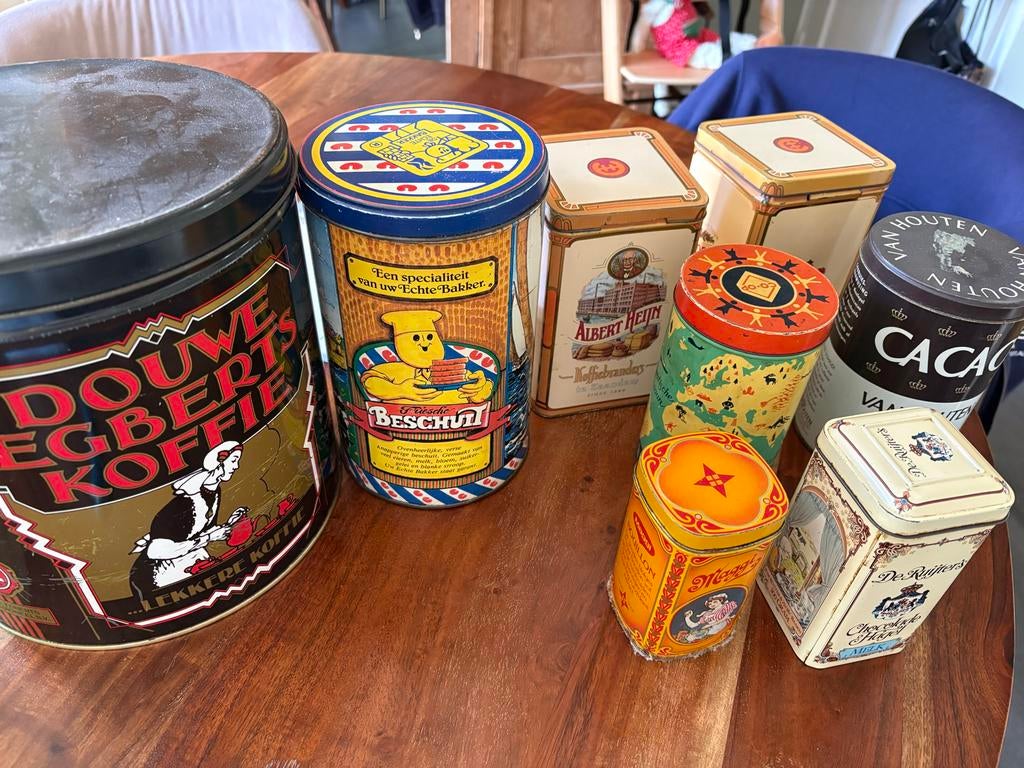 Set van 8 Vintage Voorraadbussen / Trommels, Ophalen of Verzenden, Gebruikt, Beschuit, Douwe Egberts