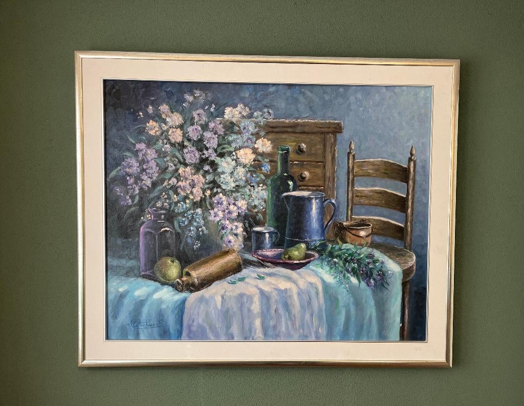 Groot schilderij stilleven kamerinterieur., Ophalen