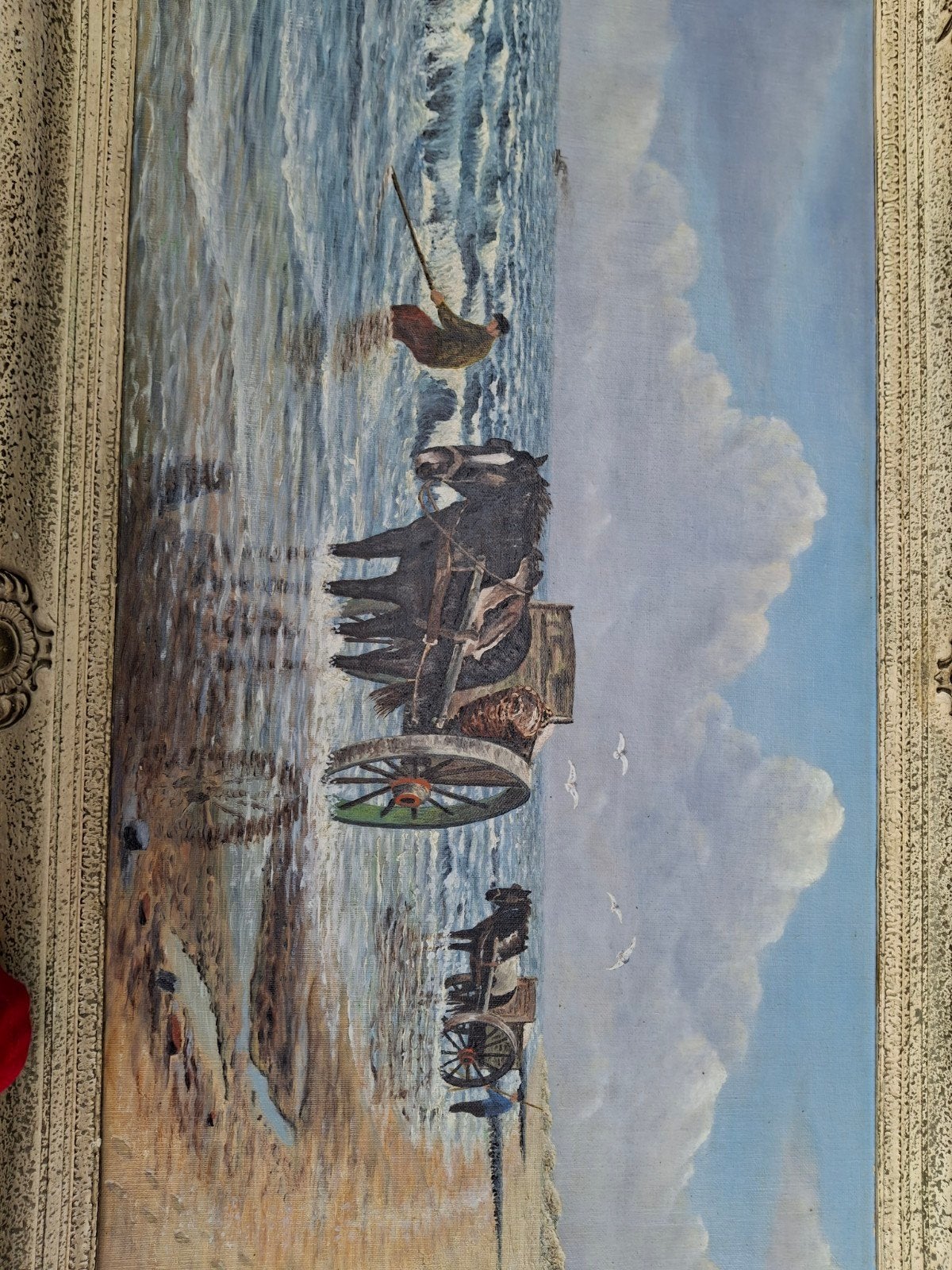 Schilderij strandgezicht met paard en wagen, gesigneerd, Maritiem / water, Doek, Realistisch, Ophalen of Verzenden
