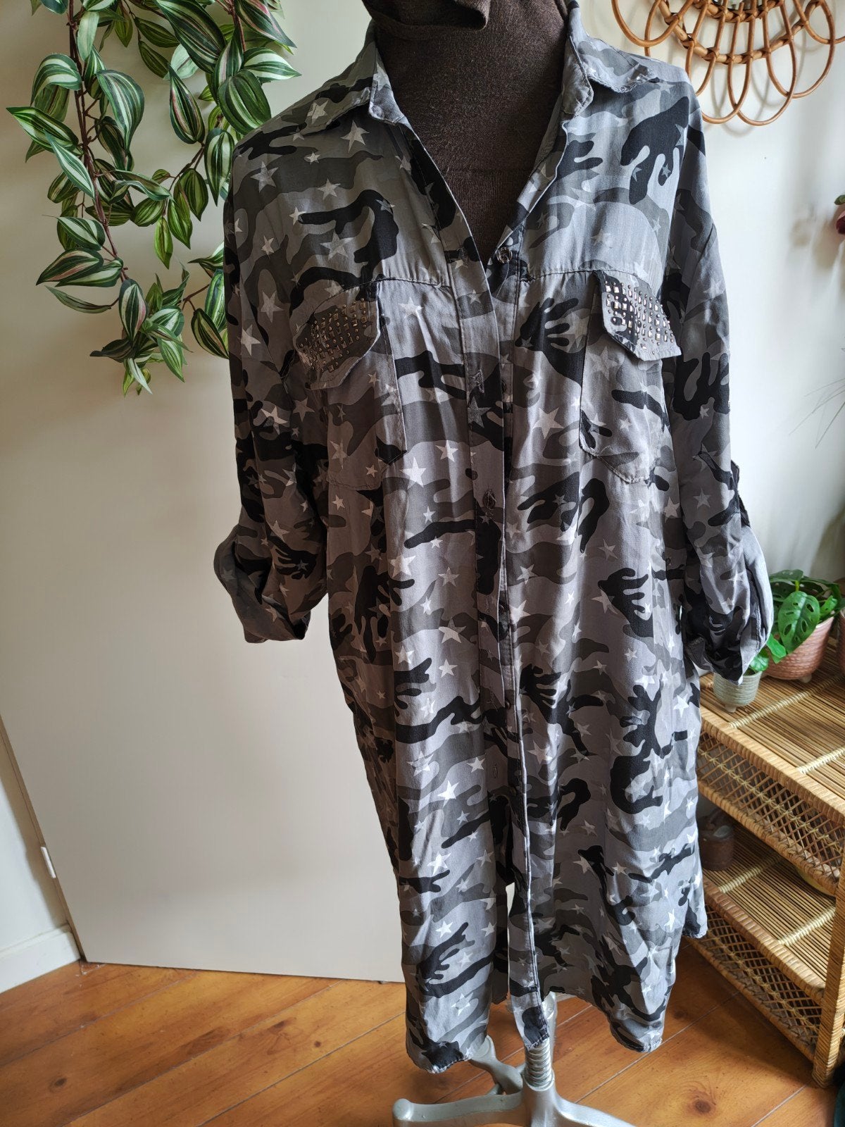 lange blouse xl xxl grijs camouflage print, Ophalen of Verzenden, Zo goed als nieuw, Maat 46/48 (XL) of groter, Grijs