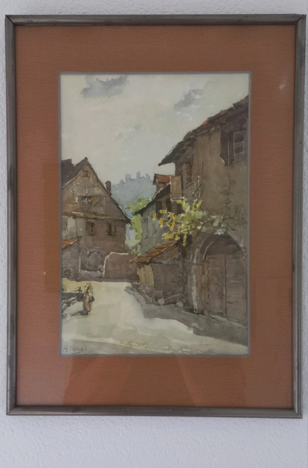 Oud aquarel schilderij van een stadsgezicht, gesigneerd, Ophalen of Verzenden
