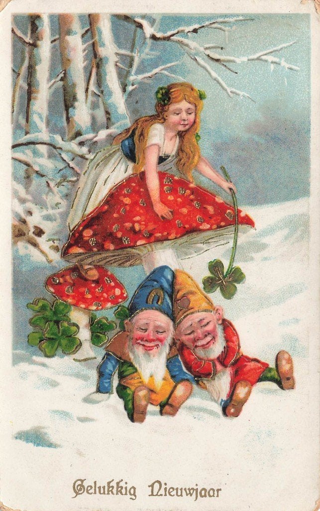 Nieuwjaarskaart, Meisje met Kabouters  1925, Ophalen of Verzenden, 1920 tot 1940, Gelopen, Friesland