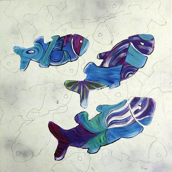 Fish van Mique – handgeschilderd schilderij en gesigneerd, Antiek en Kunst, Ophalen, Gesigneerd, Acrylverf, Dieren