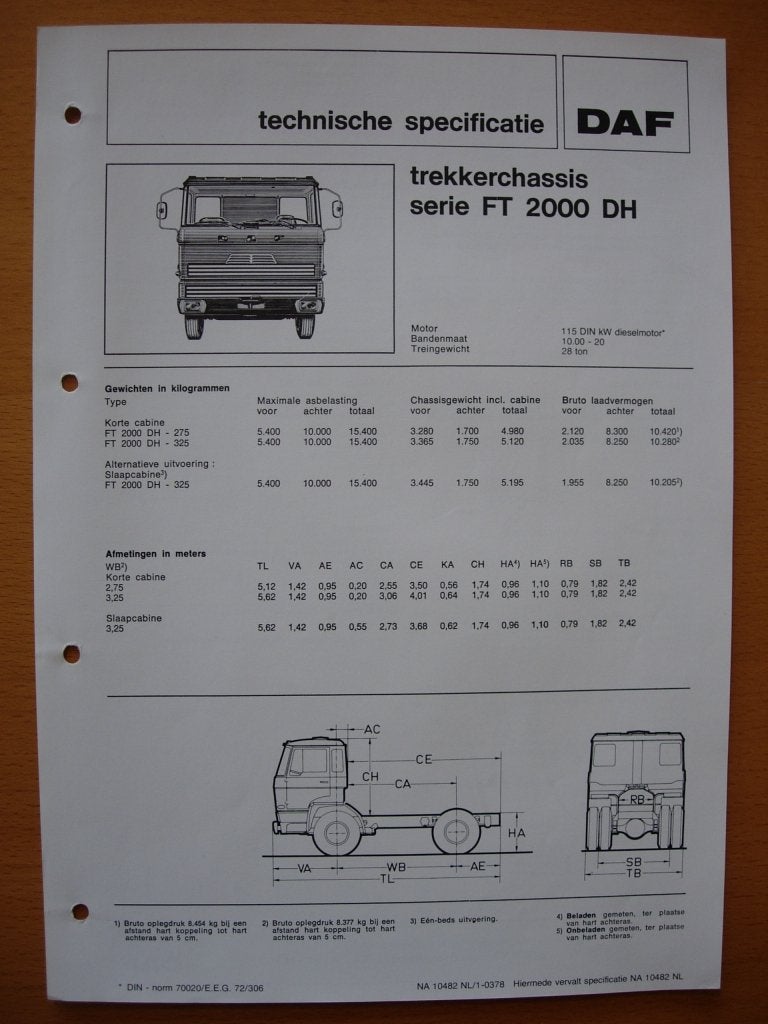 DAF FT 2000 DH Technische Specificatie folder 1978 - 4x2, Ophalen of Verzenden, Zo goed als nieuw, Overige merken, DAF