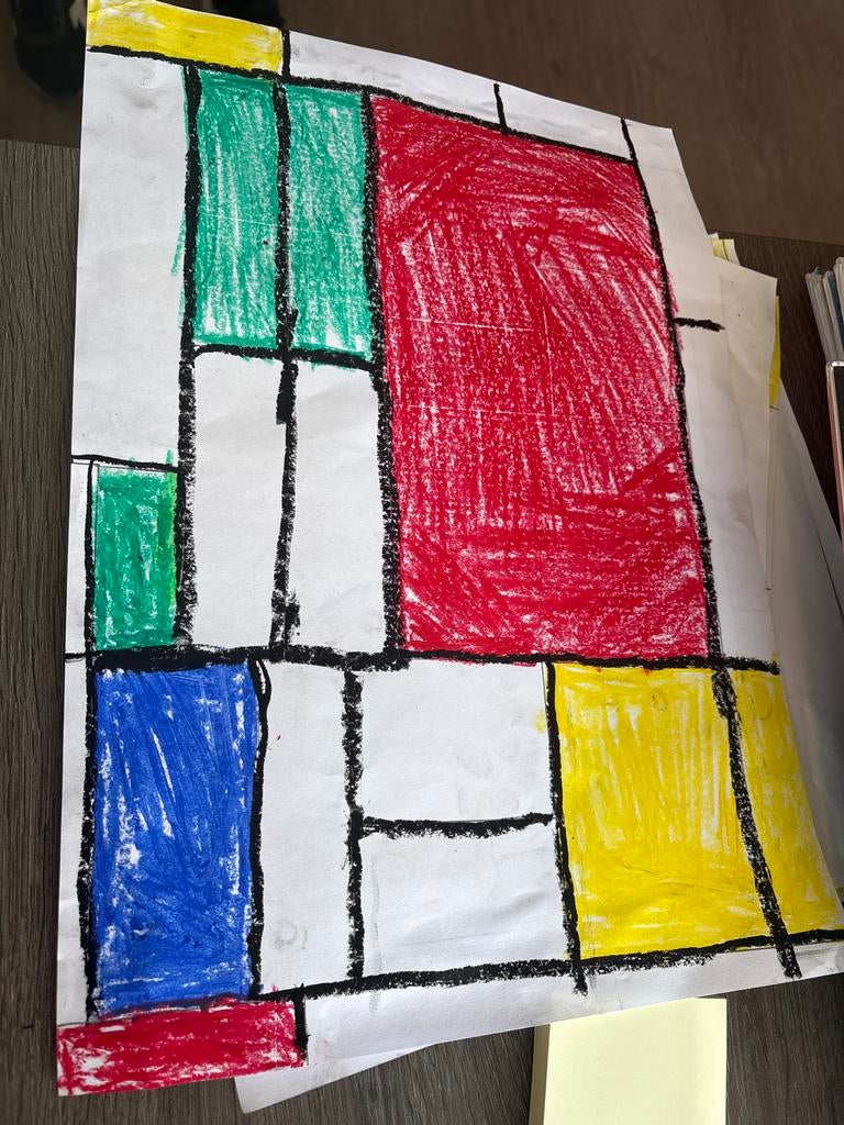 Mondriaan-achtig kunstwerkje van groep 8 leerling, Ophalen of Verzenden