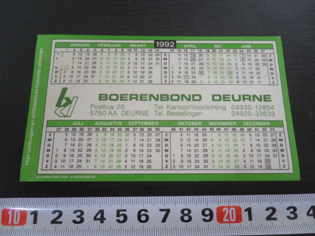 sticker Kalender 1992 Deurne BOERENBOND, Ophalen, Zo goed als nieuw