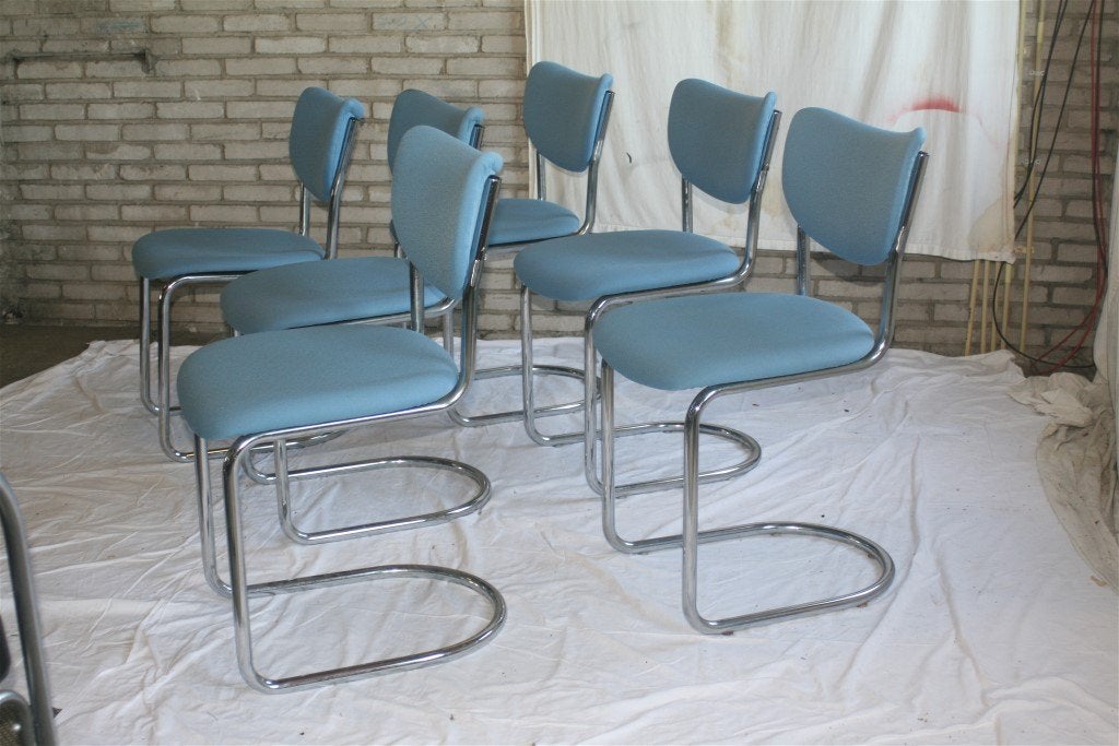 6 Jaren '50 Vintage Chroom De Wit 2011 Stoelen Hemelsblauw, Ophalen, Blauw, Zo goed als nieuw, Metaal