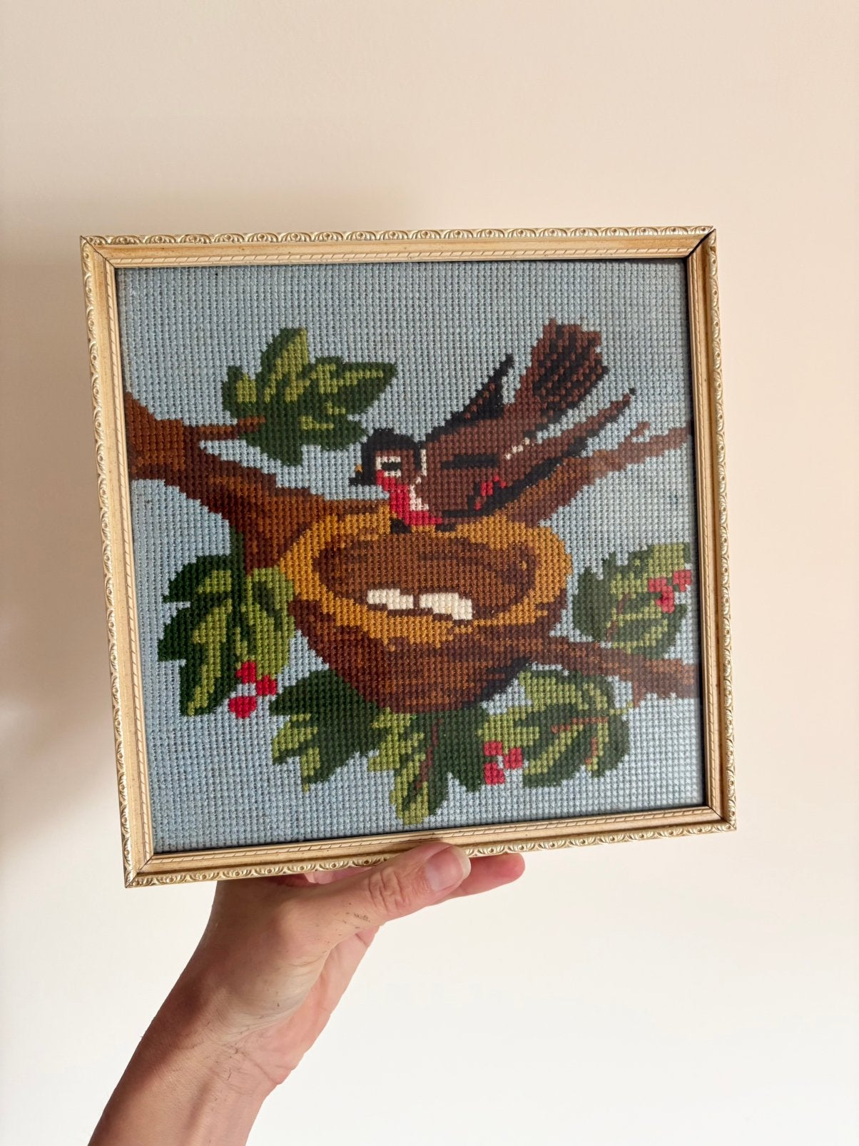 Vintage borduurwerkje in lijst, Ophalen of Verzenden, Zo goed als nieuw, Minder dan 50 cm, Schilderij