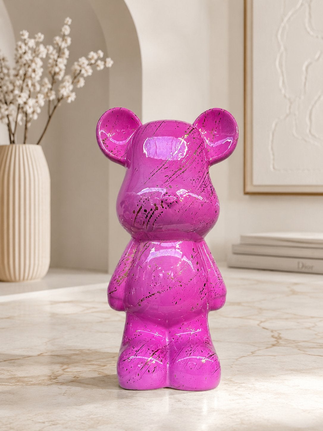 Roze Beeld Beer met Gouden Spetters - 26x47cm, Verzenden, Nieuw, Modern, Roze