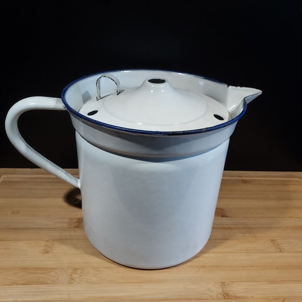 Emaille melkkoker wit met kobalt blauwe rand, Antiek en Kunst, Ophalen of Verzenden