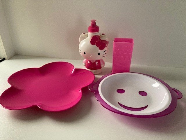 roze Smiley kinderbord,Hello Kitty bidon,Difrax pakjeshouder, Kinderen en Baby's, Kinderspulletjes, Ophalen of Verzenden, Gebruikt