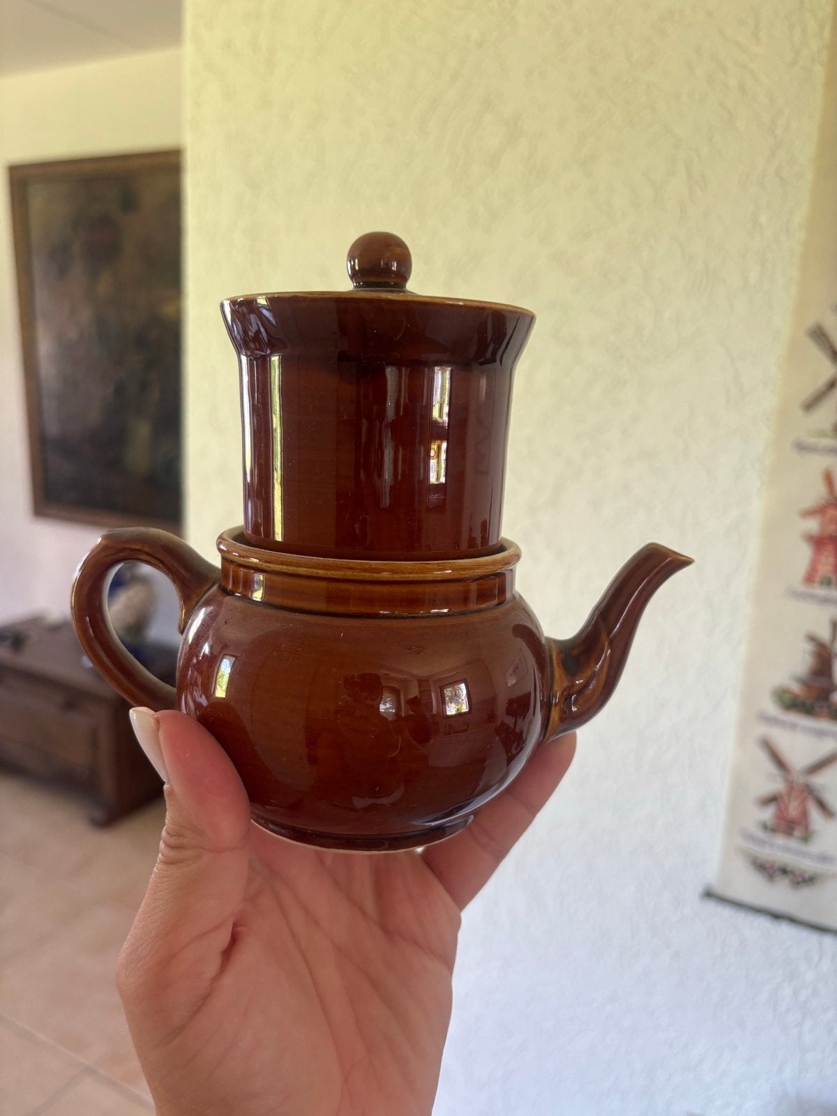 Vintage Aardewerk Koffiepotje - Bruin Glazuur, Ophalen