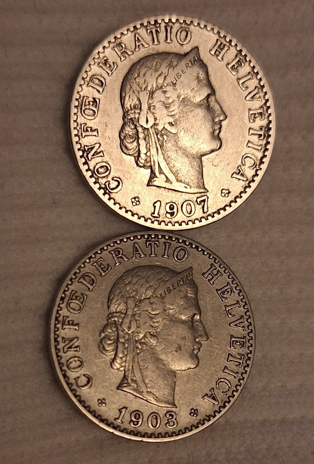 2 Oude Zwitserse Munten - 20 Rappen (1903 & 1907) - Libertas, Ophalen of Verzenden, Overige landen