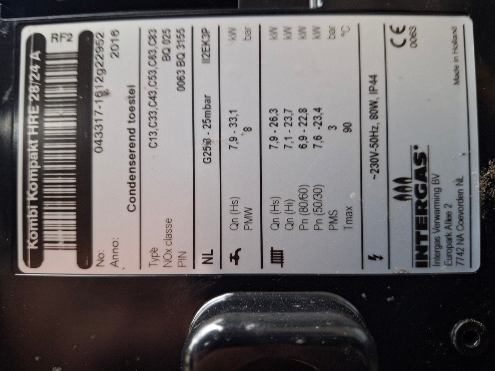 Intergas cv ketel kombi compact HRE 28/24 A, Ophalen