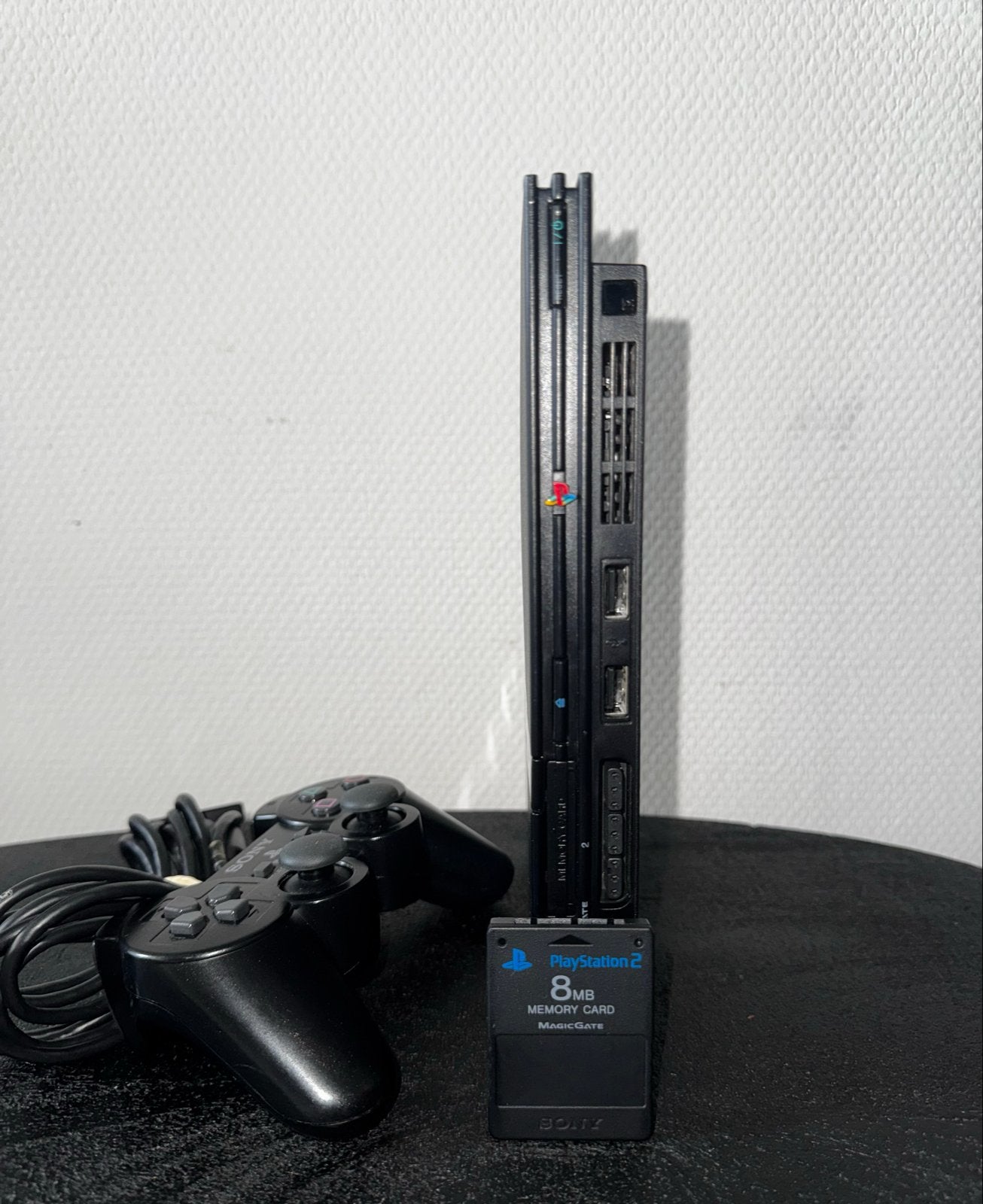 PlayStation 2 Slim met controller, geheugenkaart en kabels, Gebruikt, Zwart, Ophalen of Verzenden, Met geheugenkaart